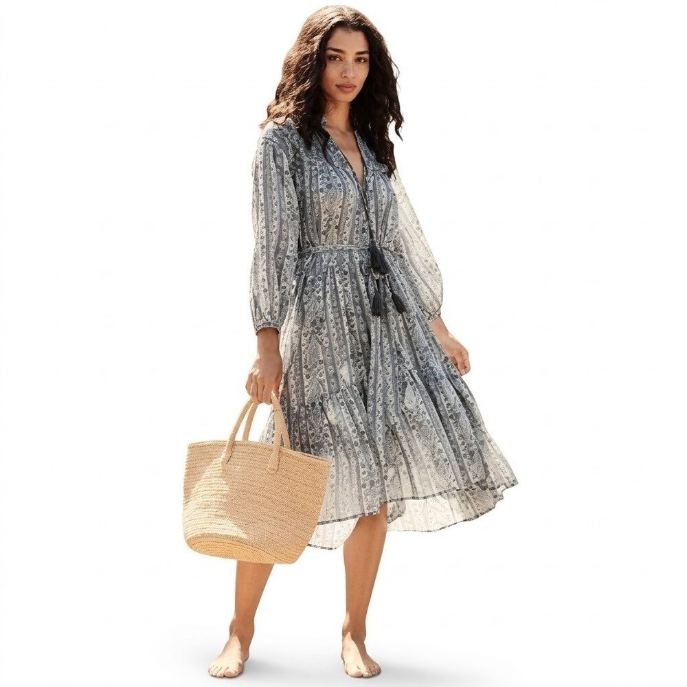 DÔEN Normandy Midi Dress Blue Paisley Floral Cotton XS - Coastal Cottagecore